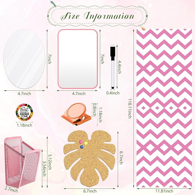 Harloon 15 Pc Locker Decoration & Organizer Kit - Tropical Locker Wallpaper, Pen Holder, Mirror, Whiteboard Marker, Cork Board with 3 Push Pins, 3 Magnetic Clips, 6 Magnets (Pink Wave)