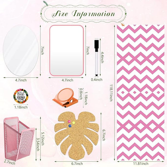 Harloon 15 Pc Locker Decoration & Organizer Kit - Tropical Locker Wallpaper, Pen Holder, Mirror, Whiteboard Marker, Cork Board with 3 Push Pins, 3 Magnetic Clips, 6 Magnets (Pink Wave)