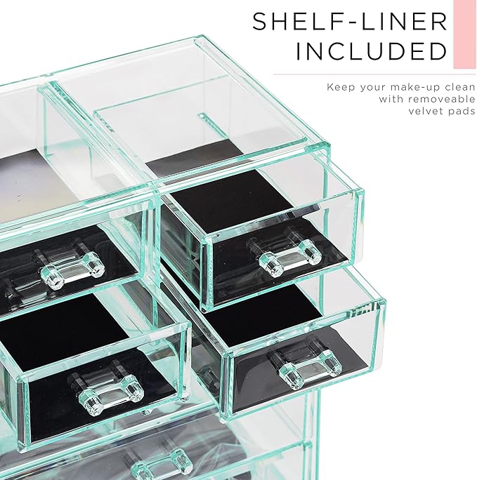 Sorbus Clear Cosmetic Makeup Organizer - Make Up & Jewelry Storage, Case & Display - Spacious Design - Great Holder for Dresser, Bathroom, Vanity & Countertop (3 Large, 4 Small Drawers) [Teal Thrill]