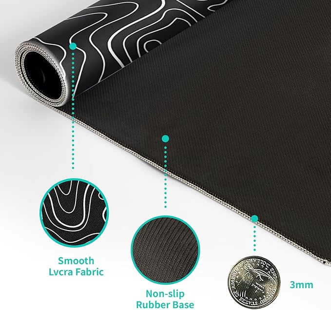 Gaming Mouse Pad Topographic Large Mousepad Keyboard 31.5 x 11.8in for Non-Slip Base and Stitched Edge, Extended Desk Pad XL Desk Mat (Black)