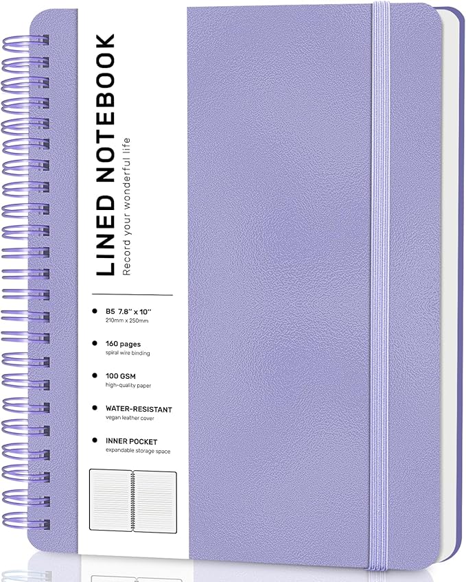 Lined Spiral Journal Notebook, B5 Spiral Notebook, 7.8''×10'' Journaling Notebooks for Work, School, Women, College Ruled Spiral Notebook, Hardcover Leather Notebook for Note Taking Business, Purple