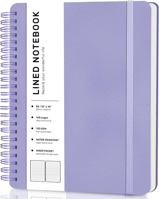 Lined Spiral Journal Notebook, B5 Spiral Notebook, 7.8''×10'' Journaling Notebooks for Work, School, Women, College Ruled Spiral Notebook, Hardcover Leather Notebook for Note Taking Business, Purple