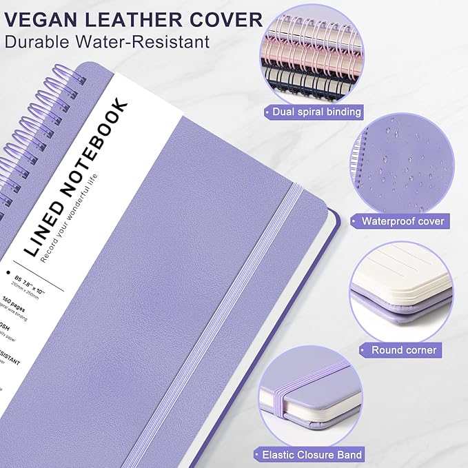 Lined Spiral Journal Notebook, B5 Spiral Notebook, 7.8''×10'' Journaling Notebooks for Work, School, Women, College Ruled Spiral Notebook, Hardcover Leather Notebook for Note Taking Business, Purple