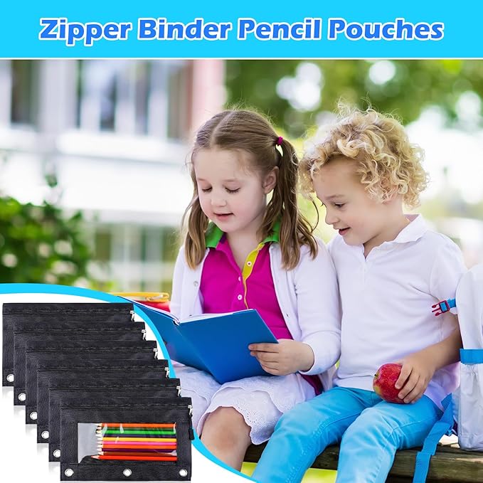 Zhehao 150 Pieces Zipper Binder Pencil Pouches 3 Ring Binder Pouches Zipper Pouches Case with Window Ring Binder Pencil Bags Case or Office School Students Supplies (1 Zipper,Black)