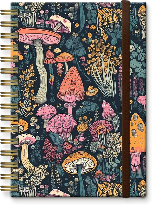 Bansutay Spiral Journal Notebook, A5 Cute Notebooks for Women Men, College Ruled Hardcover Notebook for Work & Note Taking, 60 Pages Double-Wire Journals for Writing (BOHO Mushroom)