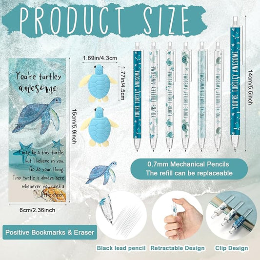 60 Sets Inspirational Turtle Gifts Bulk 6 Styles 0.7 mm Motivational Mechanical Pencils with Erasers Positive Cards Back to School Gifts for Student Teacher Coworker Office Supplies