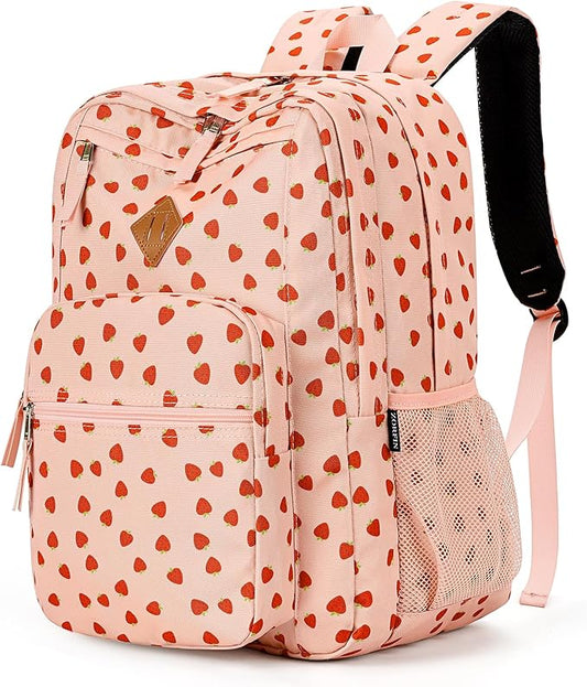 ZORFIN 26L Backpack for School, College, and Travel: Water Resistant Bookbag with 8 Compartments - Heart-shaped Strawberry pink