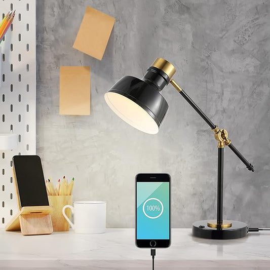 JONATHAN Y JYL7124A Allegra 18.5" Adjustable Cantilever LED Task Lamp, USB Charging Port, Classic, Coastal, Industrial, Farmhouse, Traditional for Bedroom, Living Room, Office, Black/Brass Gold