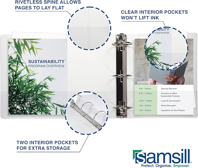 Samsill Durable 6 Inch Binder, Made in The USA, Locking D Ring Binder, Customizable Clear View Cover, Pearl White, Holds 1225 Pages