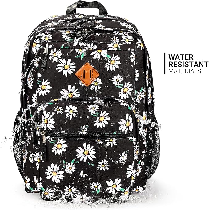 ZORFIN 26L Backpack for School, College, and Travel: Water Resistant Bookbag with 8 Compartments - Daisy Black