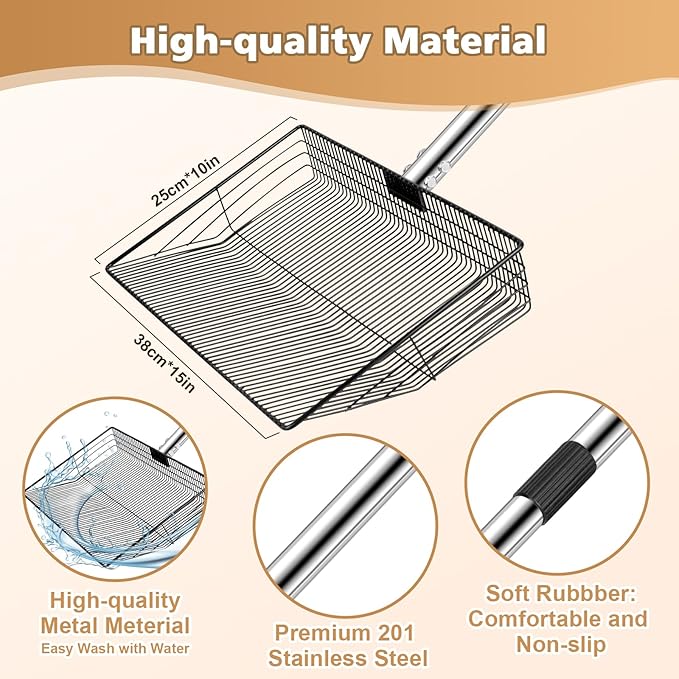 Extra Large 15" Metal Chicken Poop Scooper with Ergonomic Grip, 5-in-1 Adjustable Detachable Chicken Coop Accessories(24" to 76"), Multifuctional Litter Sifting Shovel with Stainless Steel Handle