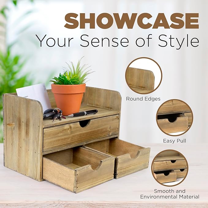 Besti Wooden Office Desk Organizer - Organizing Tool for Desktop, Cubicle, Bedroom, Kitchen - Vintage Style Organization Caddy with Top Tray Shelf & 3 Drawers - 13.6x9x7 Inches (Rustic Burnt)