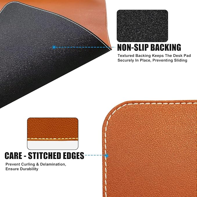 Desk Mat with Lip & Reinforced Stitched Edge|Non-Slip Waterproof PU Leather Desk Pad|Ergonomic Keyboard Mouse Pad with Edge Protector|for Office, Home, Study(28.74" x 16.73",Brown)