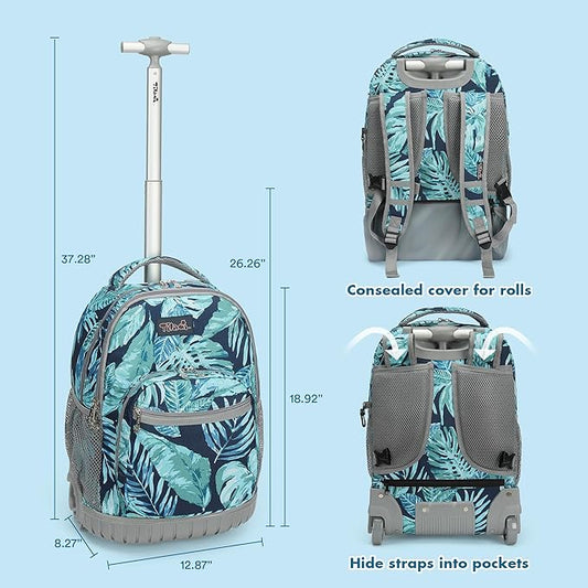 Tilami Rolling Backpack 19 inch with Lunch Bag Wheeled Laptop Backpack for Girls and Boys, Rainforest Green
