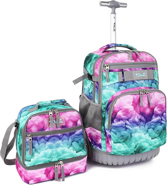 Tilami Rolling Backpack 19 inch with Lunchbox Wheeled Laptop Backpack, Clouds Green