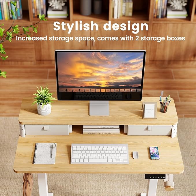 Small Standing Desk with Drawers and Brushless Motor,Electric Sit Stand Desk for Walking Pad,Ergonomic Stand Up Desk for Home Office & Gaming,3 Memory Height Preset & Hooks(35" x 20", Oak)