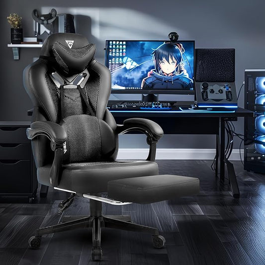 Gaming Chair PRO, Ergonomic Gaming Chairs for Adults Heavy People, Massage Reclining Office Desk Computer Chair with Footrest and Lumbar Support, Big Tall Mesh Gamer Chair with Cushion (Black)