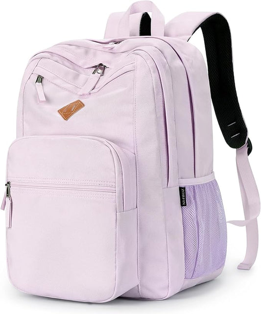 ZORFIN 26L Backpack for School, College, and Travel: Water Resistant Bookbag with 8 Compartments - Lavender