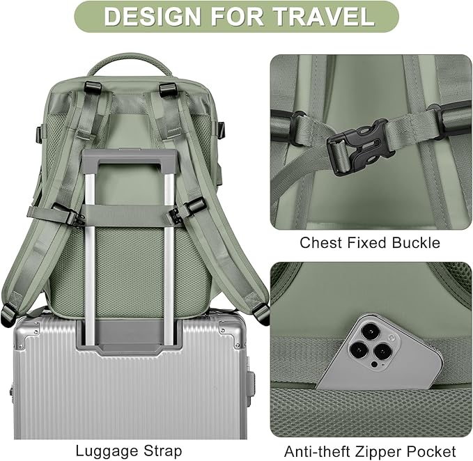 Travel Backpack For Women Men Airline Approved Carry On Backpack Flight Approved Waterproof Sports Luggage Backpack Casual Daypack Small Hiking Backpack Grey Green