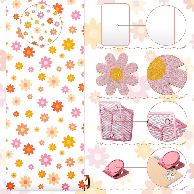 Harloon 15 Pcs Locker Decoration and Organizer Kit Locker Wallpaper Magnetic Pen Holder and Mirror Whiteboard Marker Cork Board with 3 Push Pins 3 Magnetic Clip 6 Magnets (Retro Flowers)