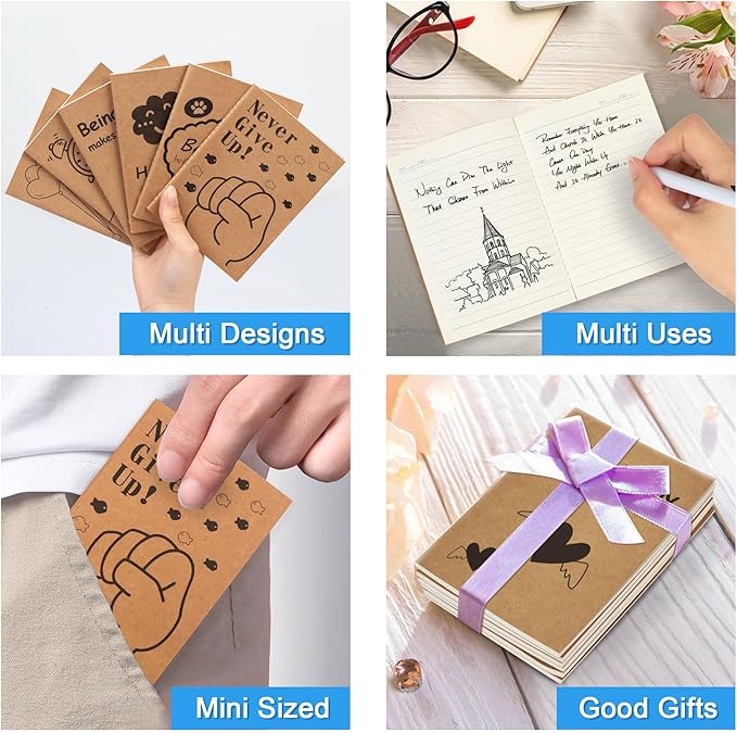 feela 15 Pack A6 Kraft Notebooks, 15 Designs Cute Mini Pocket Notebooks and Journals, Lined Motivation Small Journal Notebook Notepad Bulk for School Supplies Women Taking Memos, 4.1X5.8 in, 80 Pages
