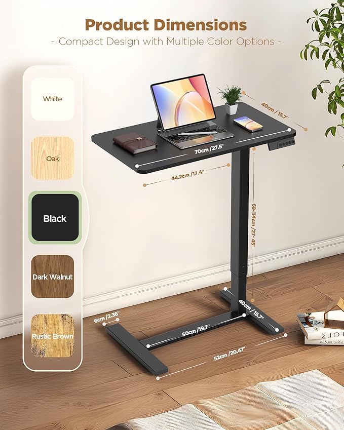 Electric Adjustable Height Standing Desk - Small Sit Stand Portable Rolling Laptop Table with Hidden Wheels, Small Computer Workstation for Bedside & Home Office Use (28"x16", Black)