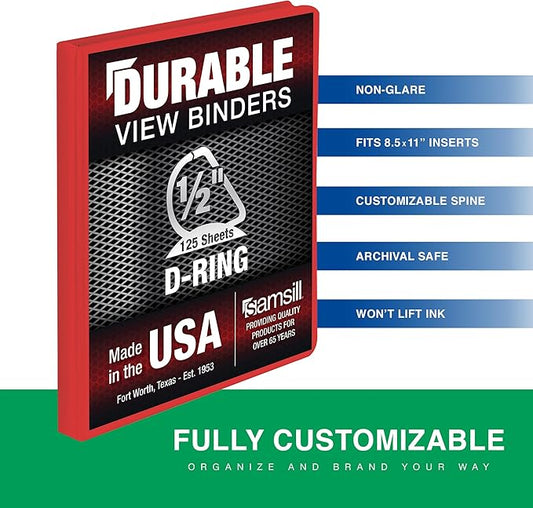 Samsill Durable 0.5 Inch Binder, Made in The USA, D Ring Binder, Customizable Clear View Cover, Ruby Red, Holds 125 Pages