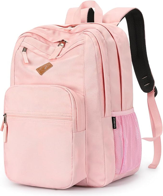 ZORFIN 26L Backpack for School, College, and Travel: Water Resistant Bookbag with 8 Compartments - Pink