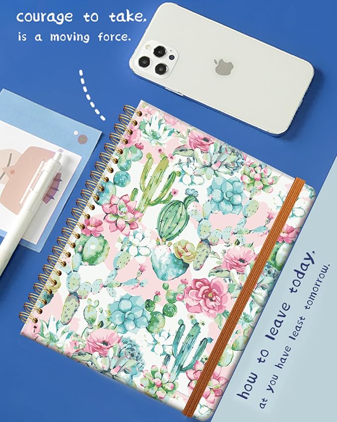 Ruled Spiral Writing Notebook,A5 Hardcover Lined College Journal for Women Lady Girl,Strong Twin-Wire Binding with Premium Paper,8.4" X 6",Perfect for School,Office,Home Gifts(pink cactus
