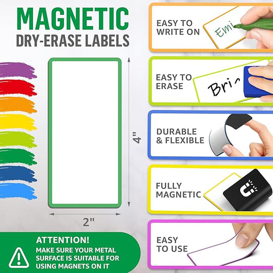 64 Pack Dry Erase Magnetic Labels 2x4 in - Magnetic Name Tags for Classroom Locker Name Tags - Classroom Magnets for Names - Magnet Labels for Whiteboard - Name Magnets School Bus Magnet Name Plate