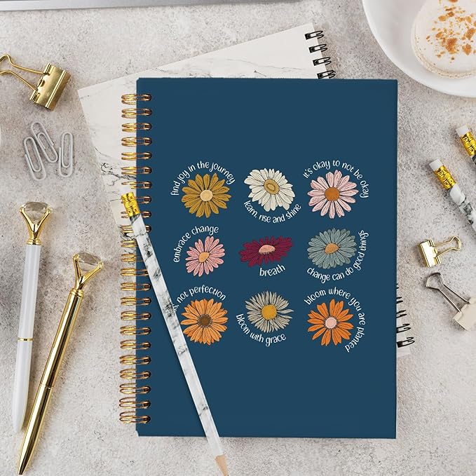 Yetmadi Inspirational Flower Notebook, Navy Blue Positive Affirmations Journals for Women, Motivational Floral Mnetal Health Notebooks for Women, Self Love Gifts, 5.5x8.3 Inch