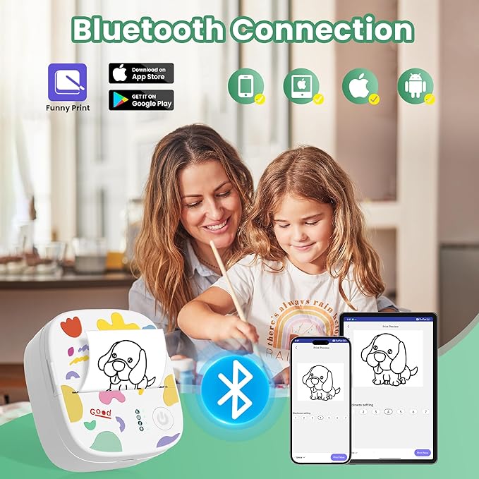 Mini Portable Sticker Printer, Mini Thermal Printer with 3 Rolls Paper, Bluetooth Inkless Printpods, Pocket Label Maker Suitable for Creative Kids DIY, Diaries, Photos, Study Notes -White