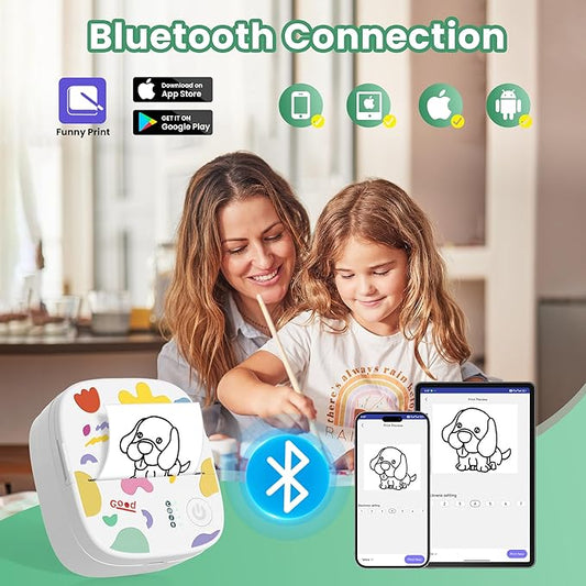 Mini Portable Sticker Printer, Mini Thermal Printer with 3 Rolls Paper, Bluetooth Inkless Printpods, Pocket Label Maker Suitable for Creative Kids DIY, Diaries, Photos, Study Notes -White