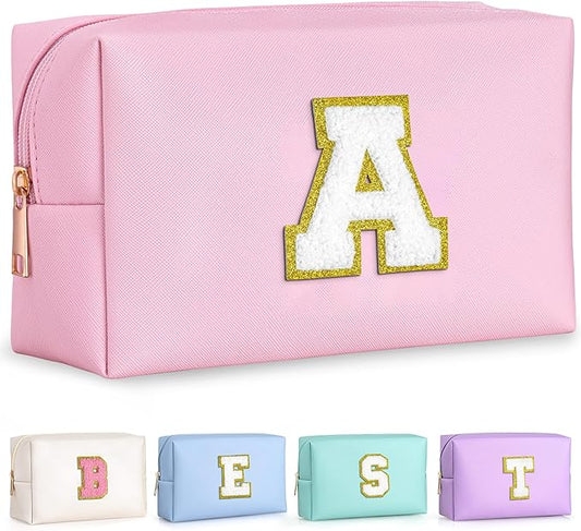 TOPEAST Initial Makeup Bag, Birthday Gifts for 4 5 6 7 8 9 10 11 12 Year Old Girls, Personalized Preppy Cosmetic Bag | Leather Toiletry Bag (Pink A)
