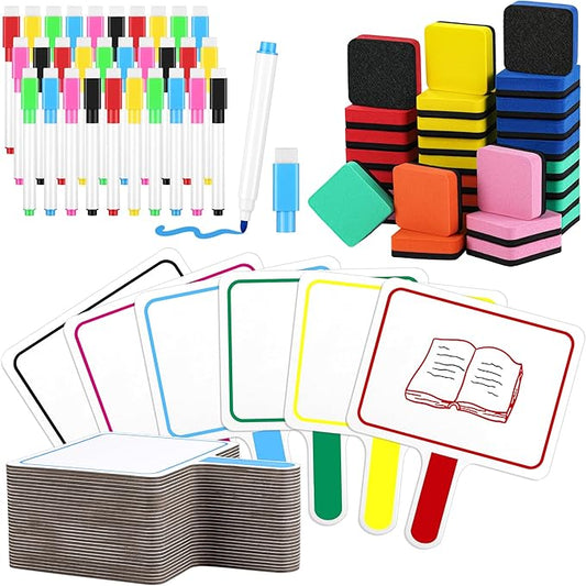 Aodaer 90 Pieces Dry Erase Answer Paddle Colorful Handheld 6 x 8 Inch Double Sided Dry Erase Paddles with 30 Dry Erase Eraser 30 Markers Mini Dry Erase Paddles for Classroom Voting & Answers Auction