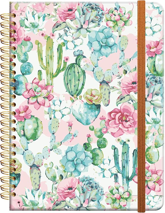 Ruled Spiral Writing Notebook,A5 Hardcover Lined College Journal for Women Lady Girl,Strong Twin-Wire Binding with Premium Paper,8.4" X 6",Perfect for School,Office,Home Gifts(pink cactus