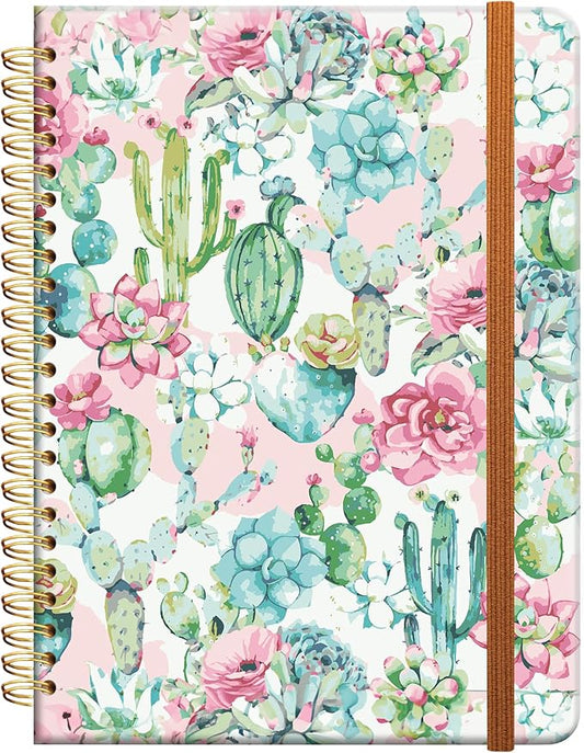Ruled Spiral Writing Notebook,A5 Hardcover Lined College Journal for Women Lady Girl,Strong Twin-Wire Binding with Premium Paper,8.4" X 6",Perfect for School,Office,Home Gifts(pink cactus
