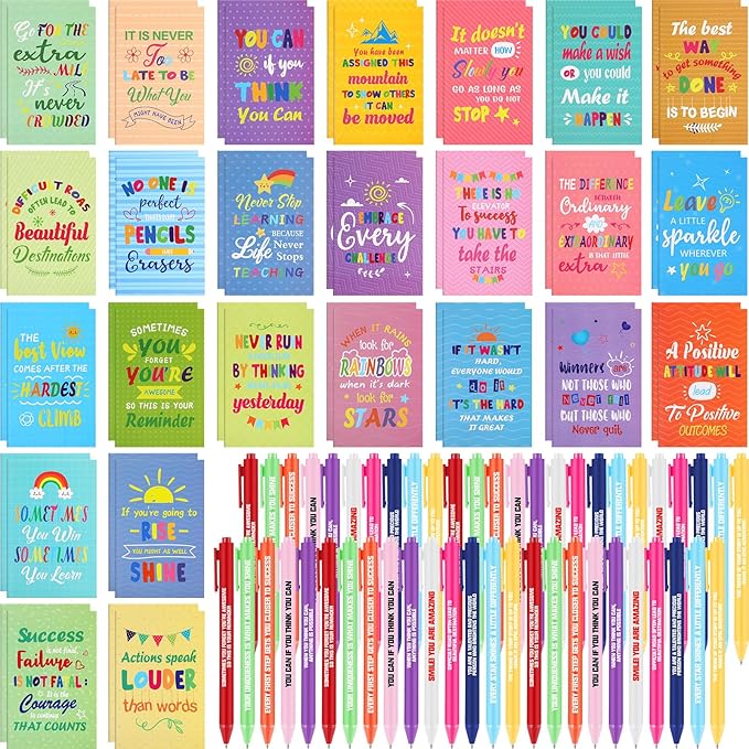 Sabary 100 Pcs Back to School Gifts Inspirational Notepads Ballpoint Pens Sets Mini Motivational Pocket Notebooks Journals Bulk Teacher Appreciation Presents for Office Supplies(Colorful Style)