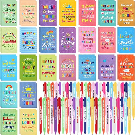 Sabary 100 Pcs Back to School Gifts Inspirational Notepads Ballpoint Pens Sets Mini Motivational Pocket Notebooks Journals Bulk Teacher Appreciation Presents for Office Supplies(Colorful Style)