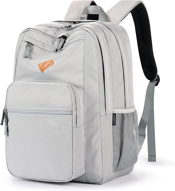 ZORFIN 26L Backpack for School, College, and Travel: Water Resistant Bookbag with 8 Compartments - Grey