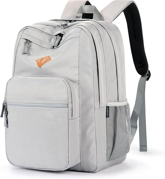 ZORFIN 26L Backpack for School, College, and Travel: Water Resistant Bookbag with 8 Compartments - Grey