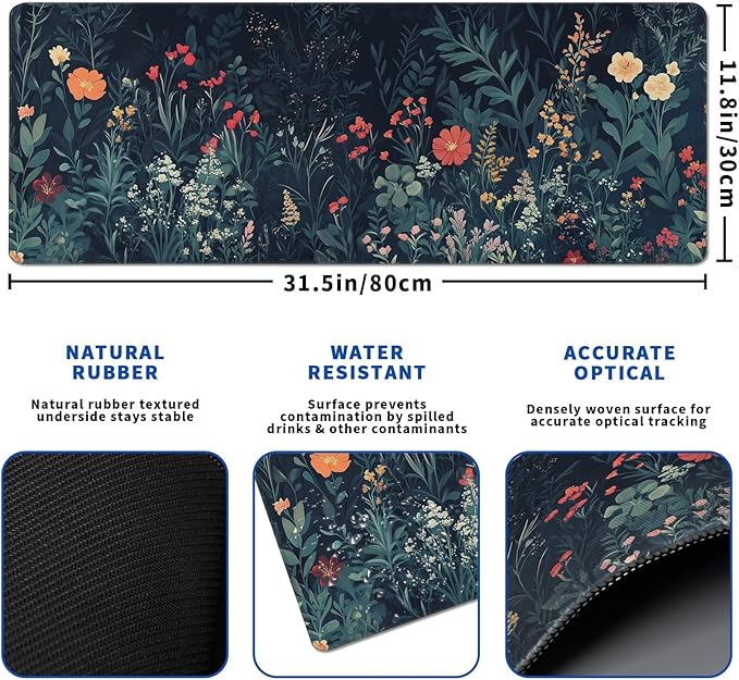 Flower Mouse Pad Abstract Big Mouse Pad 31.5x11.8 Inch Floral Texture Non-Slip Rubber Base Large Weeds Mousepad Stitched Edges Keyboard Mouse Mat Desk Pad for Office and Home