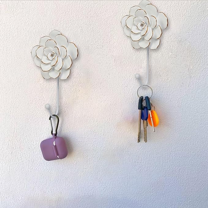 Guichifun Flower Coat Hooks Wall Decor - 2pcs Resin White Decorative Wall Hooks for Hanging Clothes Coats Towels Keys Bags Hats Bathroom Home Decoration Gift 4 x 1.5 x 7 Inch