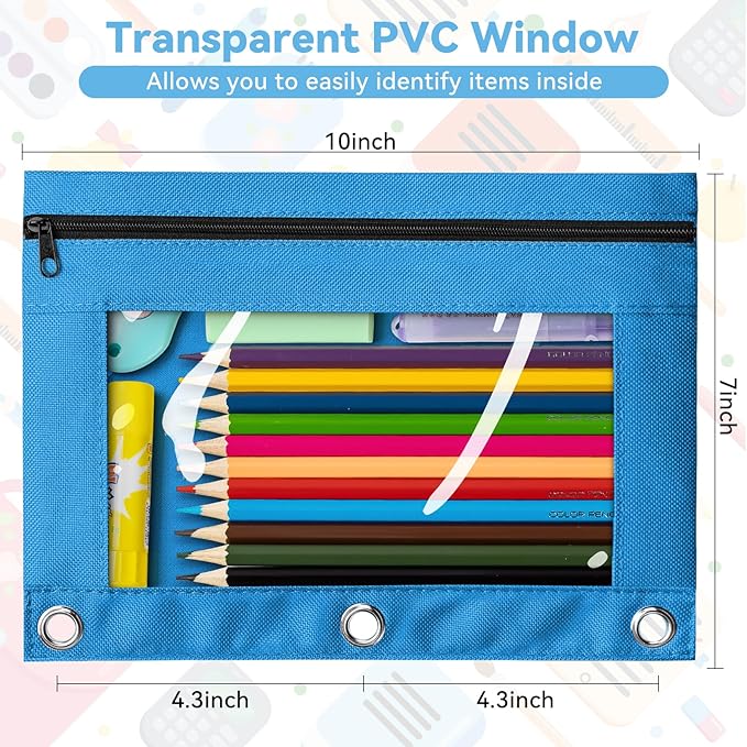Pencil Pouch for 3 Ring Binder, Bulk 36 Pack 3-Holes Zipper Pencil Pouches in Assorted Colors, Sturdy and Durable Cloth Pencil Holder with Clear Window for Office School College Supplies (36)
