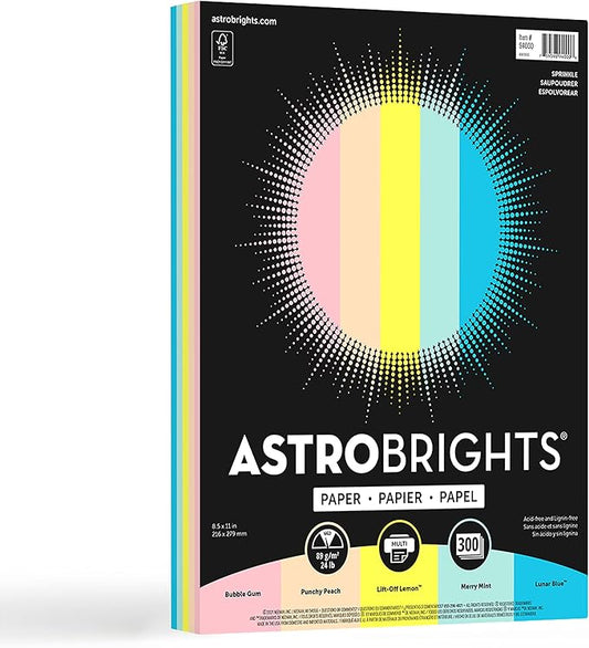 Astrobrights Color Paper, 8.5" x 11", 24 lb/89 gsm, Sprinkle 5-Color Assortment, 300 Sheets (94000)
