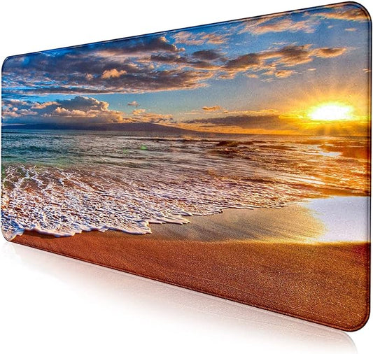 Large Extended Gaming Mouse Pad with Stitched Edges, Non-Slip Waterproof Rubber Base Mouse Pad for Office, Computer, Keyboard, Laptop and Home Desk Pad 35.4 x 15.7 x 0.12 Inch (Beach at Sunset)