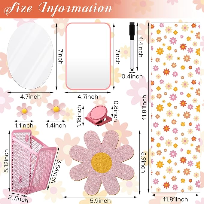 Harloon 15 Pcs Locker Decoration and Organizer Kit Locker Wallpaper Magnetic Pen Holder and Mirror Whiteboard Marker Cork Board with 3 Push Pins 3 Magnetic Clip 6 Magnets (Retro Flowers)
