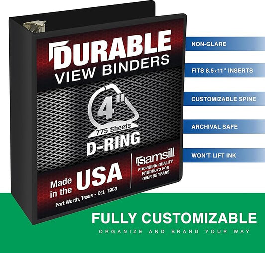 Samsill Durable 4 Inch Binder, Made in The USA, Locking D Ring Binder, Customizable Clear View Cover, Charcoal Black, Holds 775 Pages