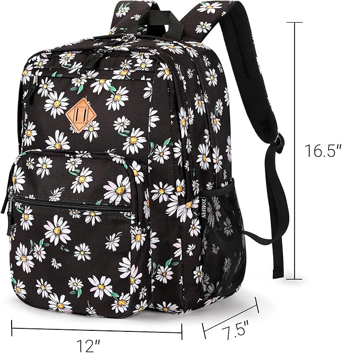 ZORFIN 26L Backpack for School, College, and Travel: Water Resistant Bookbag with 8 Compartments - Daisy Black