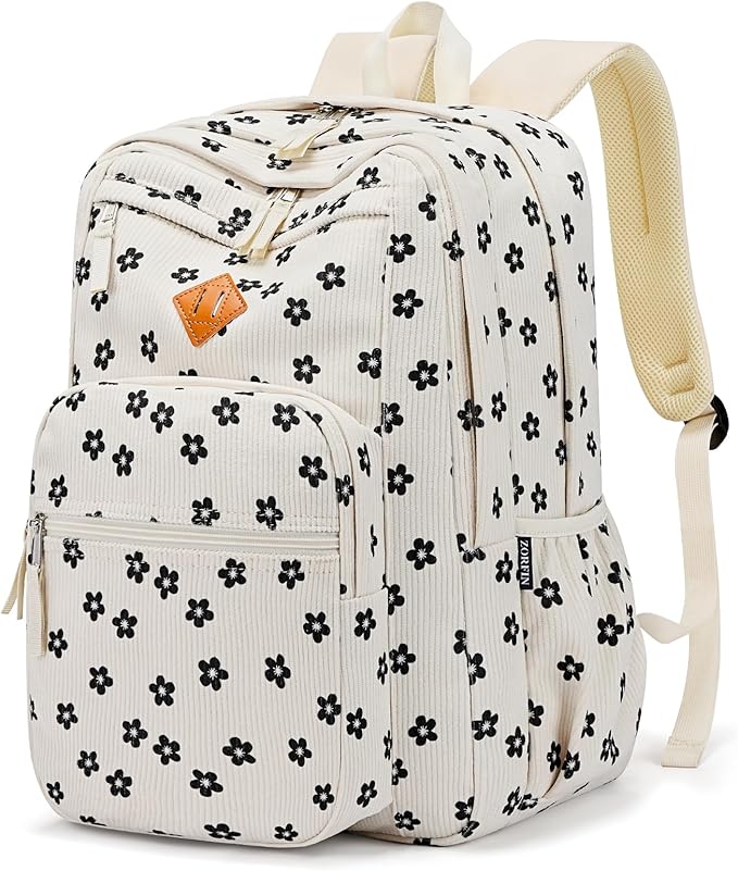 ZORFIN 26L Backpack for School, College, and Travel: Corduroy Bookbag with 8 Compartments - Floral